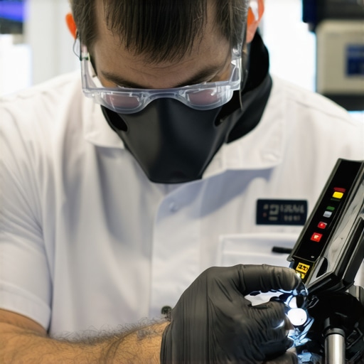 Medical device calibration and maintenance Technician calibrating a medical device in a healthcare facility.