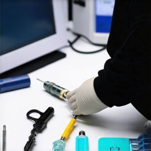 Technician calibrating medical devices in a healthcare facility.
