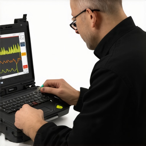 Technician calibrating and inspecting medical devices in a hospital laboratory.