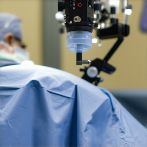 Medical retractor with integrated LED camera in operation Close-up of a smart surgical retractor with LED lights and camera during a procedure.