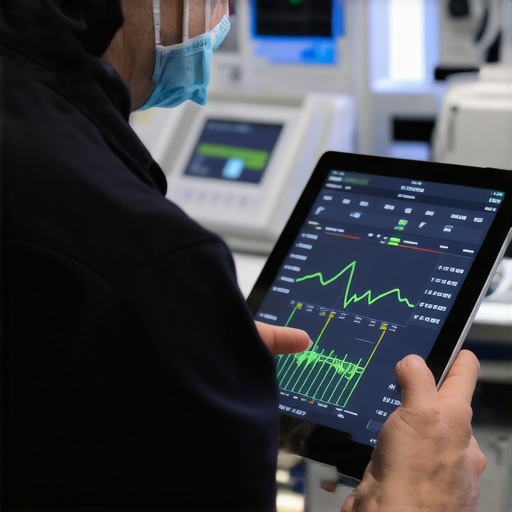 Technician checking calibration status on digital tablet in a clinical environment