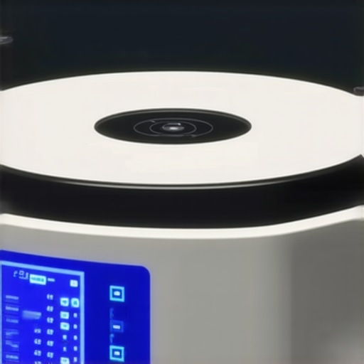 A sleek, high-tech laboratory centrifuge with digital display and automation features