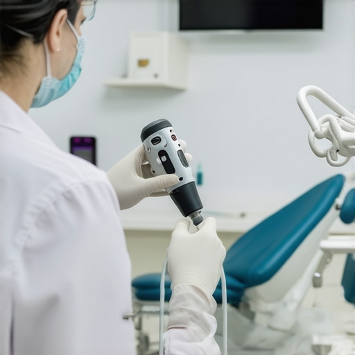 Dentist holding a cordless drill during a procedure in a bright, ergonomic dental clinic