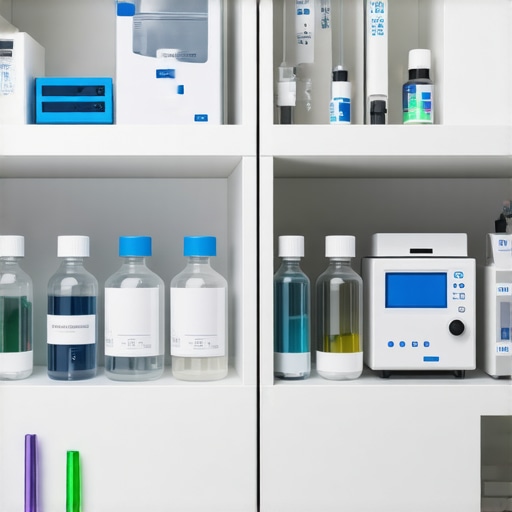 A clean and organized medical laboratory featuring innovative space-saving racks holding medical devices and supplies.