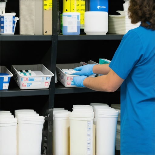 Healthcare worker arranging recyclable and automated medical devices in a hospital.