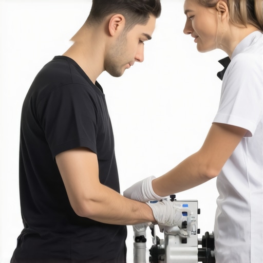 A patient practicing with a high-tech rehab suit monitored by a therapist in a healthcare facility.