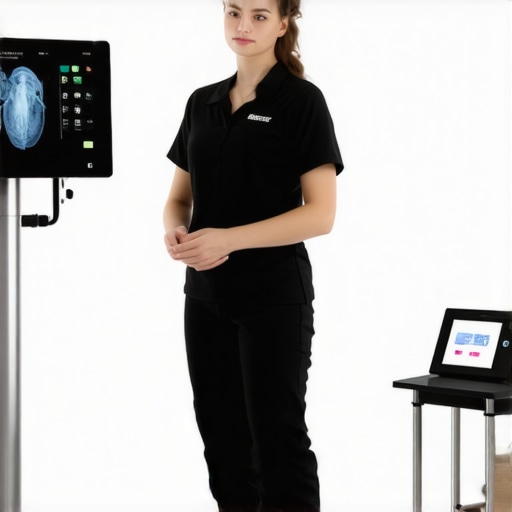 Technician showcasing a compact portable 3D body scanner during a demonstration in a medical environment.