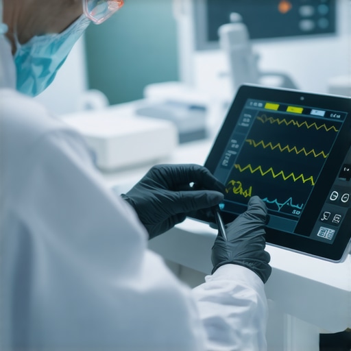 Precise Calibration of Medical Equipment Technician calibrating a medical device using digital tools in a clinical environment