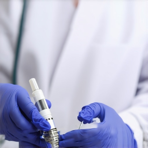 Healthcare professional calibrating a medical device with advanced digital tools in a clinical setting