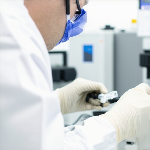 Precision Calibration in Medical Equipment Maintenance Technician calibrating medical device with specialized tools in a laboratory