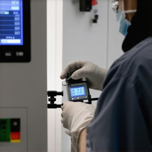 Precision Calibration in Medical Equipment Maintenance Technician using digital calibration tools on a medical device in a laboratory setting.