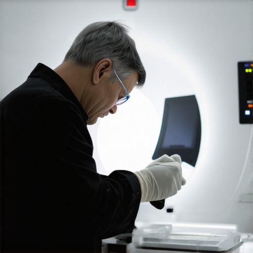A technician uses calibration tools on an MRI machine to ensure accurate imaging