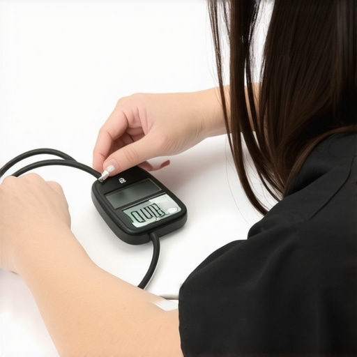 Technician performing calibration on a blood pressure device in a healthcare environment.