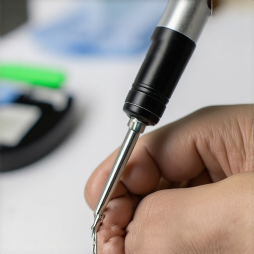 Technician calibrating medical equipment with precise tools in a hospital lab