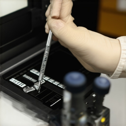 Technician calibrating medical equipment with digital calibration kit