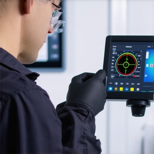 Technician calibrating medical imaging device using specialized digital tools in a clinical setting