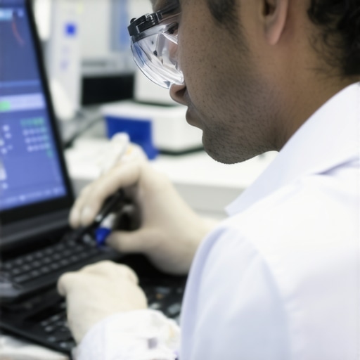 Biomedical technician calibrating medical equipment with digital tools in laboratory.