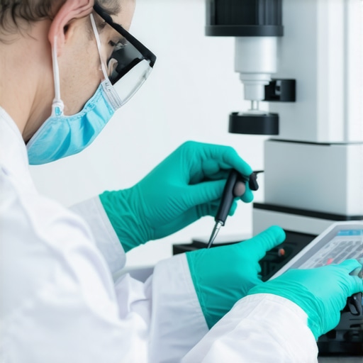 Technician performing calibration on a medical device with digital tools