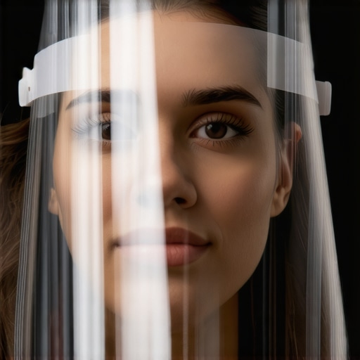 Close-up of a transparent disposable face shield with adjustable strap and anti-fog surface, highlighting quality features for healthcare professionals.