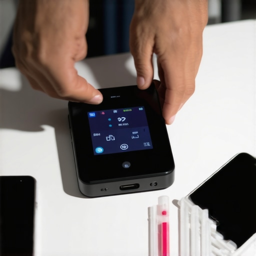 Preparing Portable Medical Device Person setting up a small medical testing device on a table