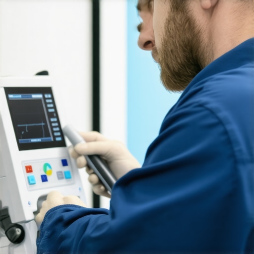 Technician calibrating medical device using advanced digital tools in a clinical environment