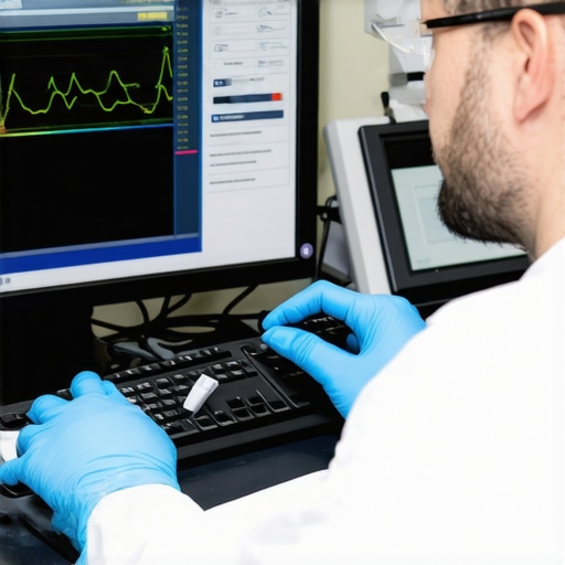 Technician performing calibration on medical equipment with specialized software