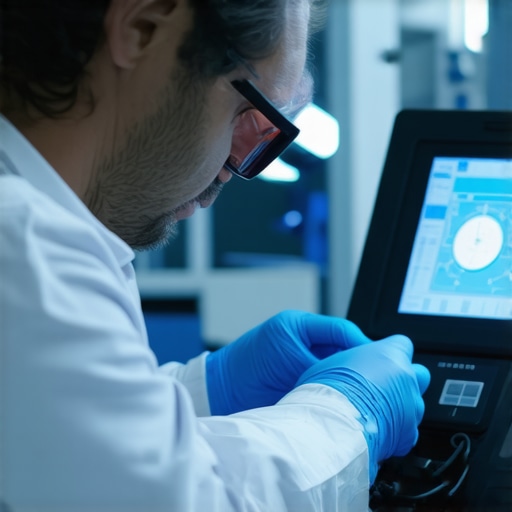 Technician using diagnostic tools on medical equipment in a hospital environment
