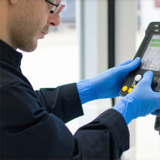Technician checking and calibrating medical devices with digital sensors