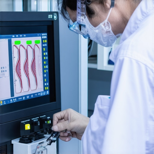 Technician inspecting and maintaining medical devices with digital tools in a lab environment.