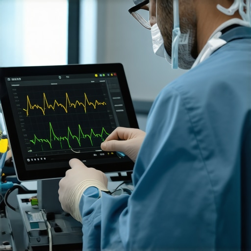 Technician analyzing device data on a computer in a hospital lab