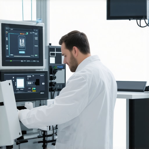 Technician using digital tools to calibrate and clean medical equipment in a hospital setting.