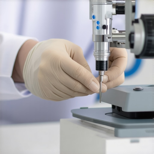 Technician calibrating medical equipment with precision tools in a clinic
