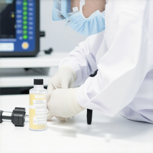 Technician performing routine maintenance on medical devices with specialized tools in a healthcare environment.