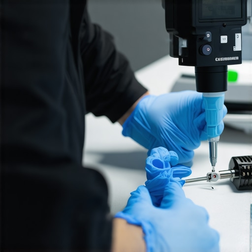 Technician calibrating medical devices with specialized tools in a healthcare environment.