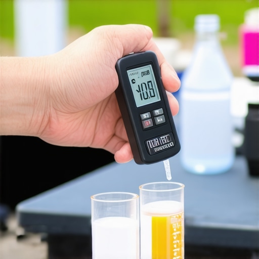 Person calibrating a portable water testing device outdoors