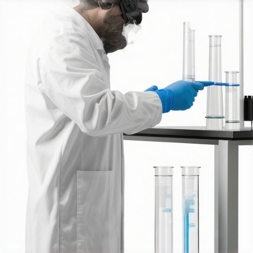A technician calibrating lab water purification equipment with specialized tools in a high-tech lab environment