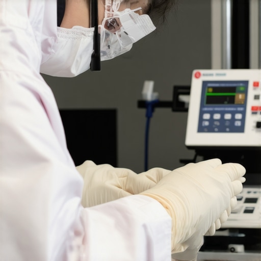 Technician calibrating medical devices using specialized tools in a clinical setting.