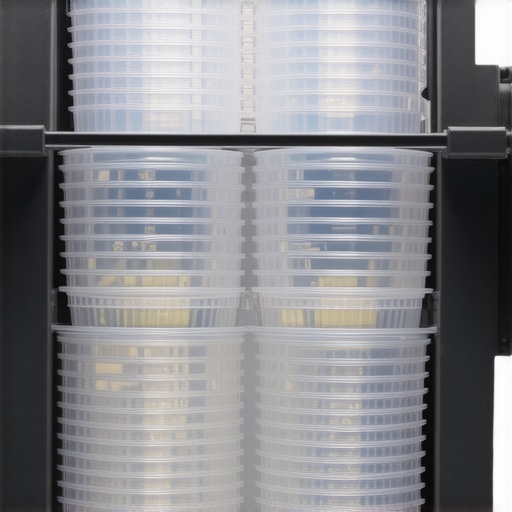 Lab technician carefully stacking sterile Petri dishes in a rack for organization and storage.