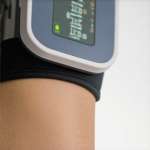 Person wrapping a cuff around their upper arm at home