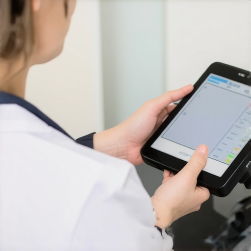 Healthcare worker performing a quick sepsis biomarker test with portable analyzer at bedside.