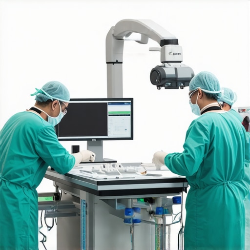 Medical team calibrating robotic arms before surgery.