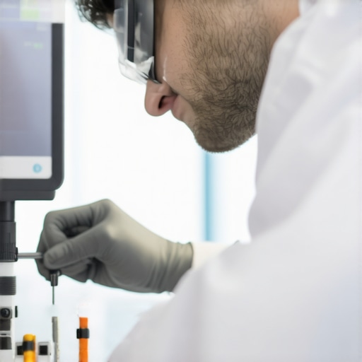 Technician calibrating medical equipment in a lab using precise tools