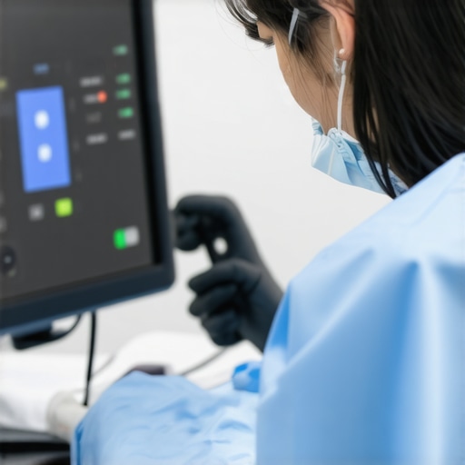 A healthcare worker calibrating and inspecting medical equipment using advanced digital tools in a clinic