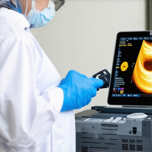 Technician performing calibration on medical ultrasound tool