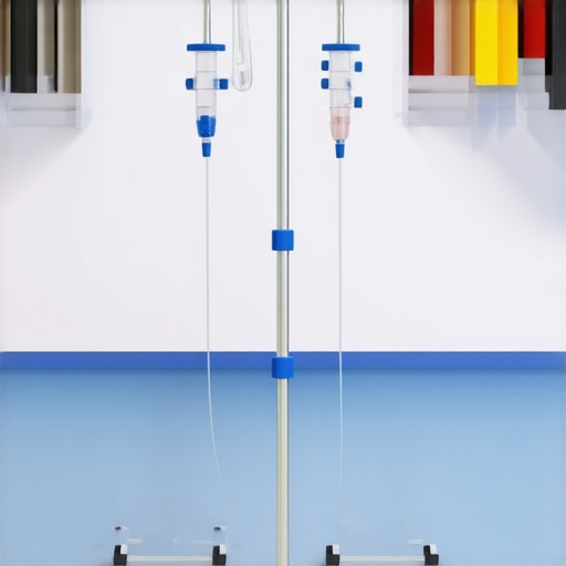 Secure and Stable IV Stand in a Clinical Setting A robust, heavy-duty IV stand with a stable base, placed on a hospital floor, ready for use.