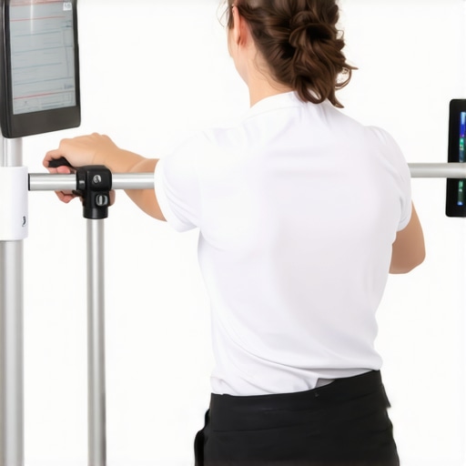 Therapist positioning sensors on a parallel bars gait analysis system in a modern rehab clinic.