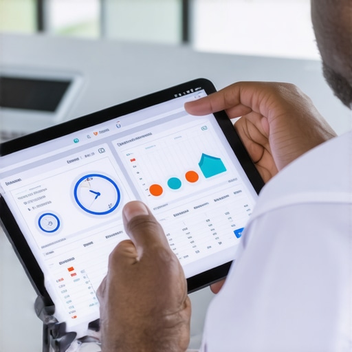 Healthcare professional analyzing medical devices on a tablet