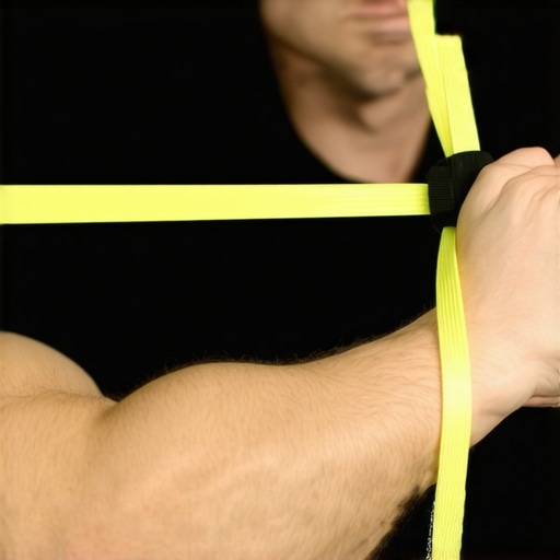 Person performing shoulder rehab with a resistance band featuring integrated force sensors.