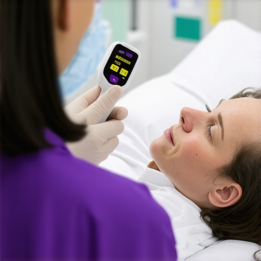 Smart Temperature Sensor in Action Healthcare worker using a smart infrared thermometer during triage at a hospital entrance.