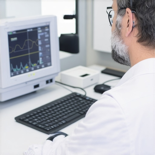 Technician calibrating medical imaging device with digital tools